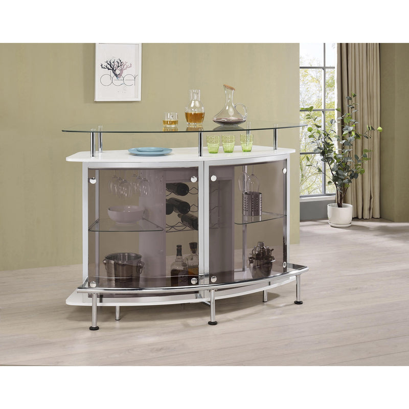 Coaster Furniture Gideon 182235 Crescent Shaped Glass Top Bar Unit With Drawer IMAGE 4