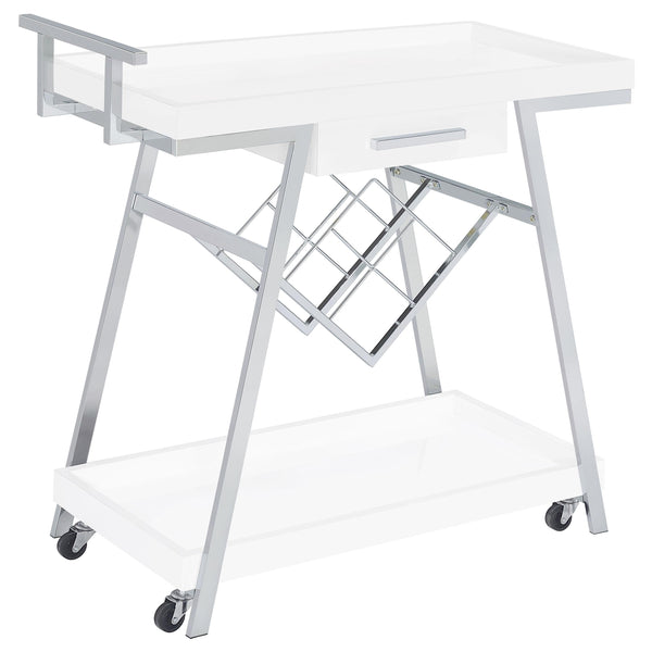 Coaster Furniture Kinney 181024 2-Tier Bar Cart with Storage Drawer - White High Gloss/Chrome IMAGE 1