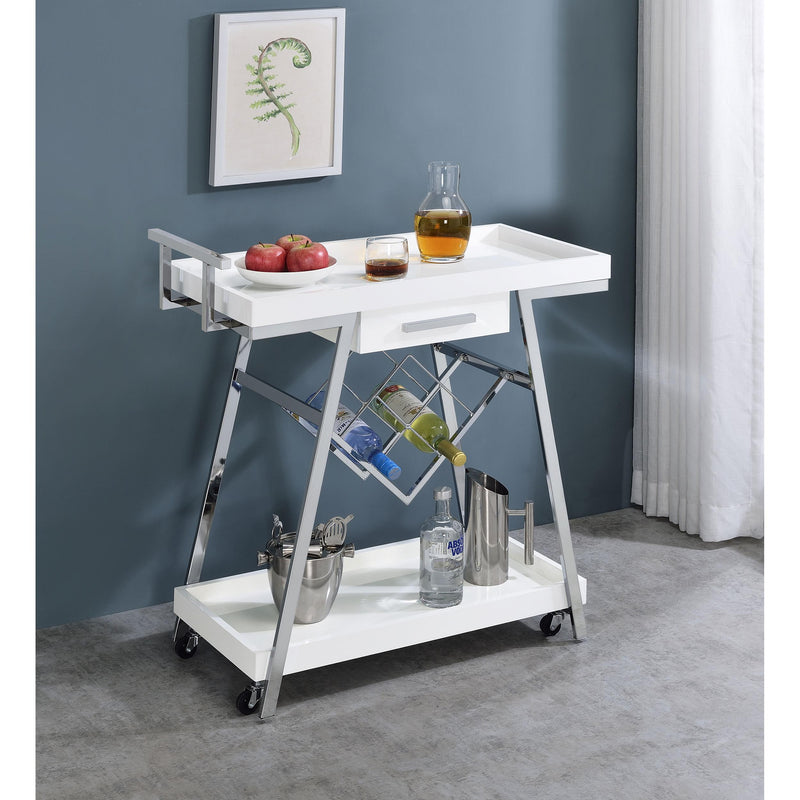 Coaster Furniture Kinney 181024 2-Tier Bar Cart with Storage Drawer - White High Gloss/Chrome IMAGE 2