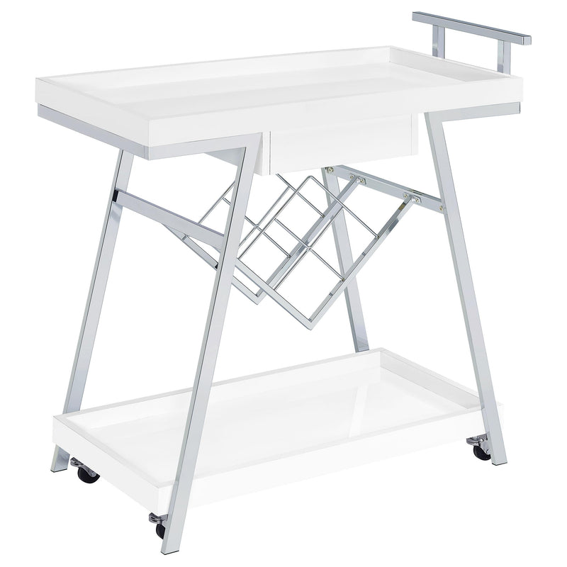 Coaster Furniture Kinney 181024 2-Tier Bar Cart with Storage Drawer - White High Gloss/Chrome IMAGE 6